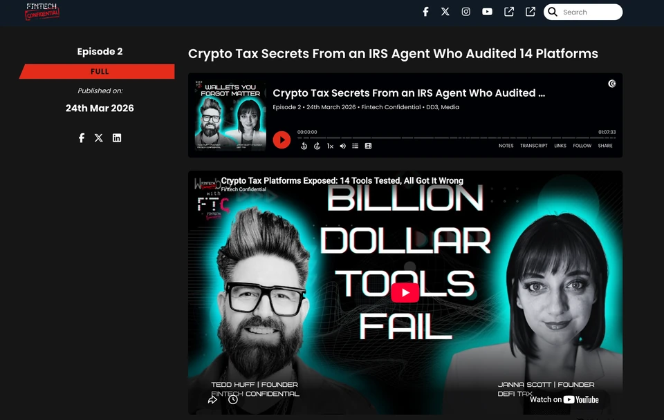 Screenshot of Fintech Confidential’s March 24, 2026 episode page with a headline describing its guest as an IRS agent.
